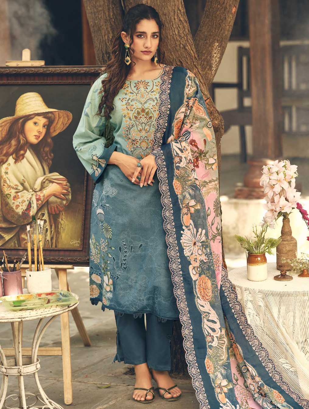 Cambric Cotton Pakistani Print Unstitched Suit Material with Embroidery