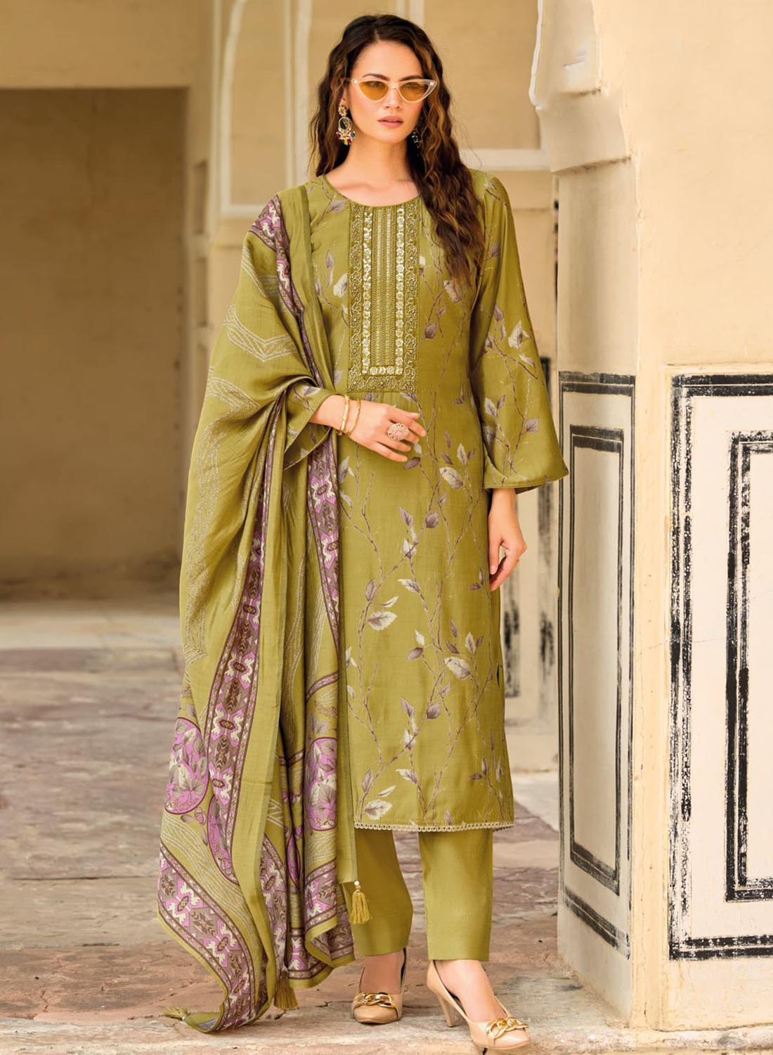 Pure Muslin Unstitched Salwar Suit Material with Fancy Hand Work