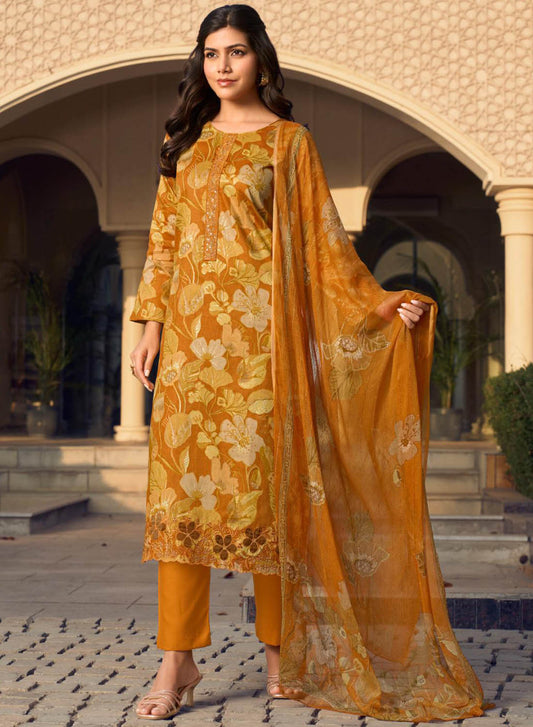 Mustard Cotton Satin Unstitched Salwar Suit Dress Material for Women