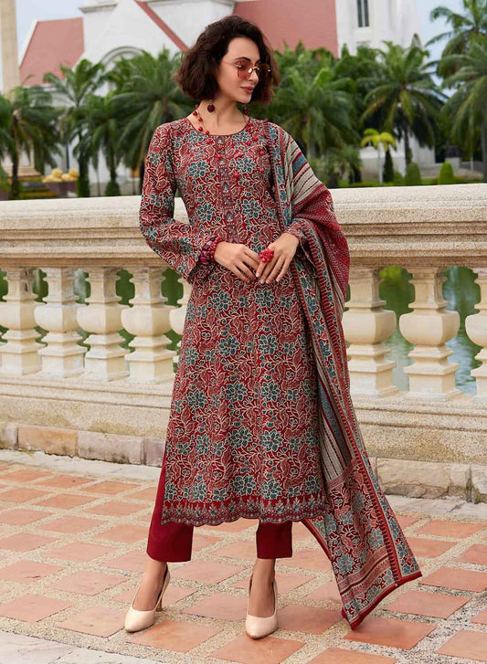 Maroon Pure Viscose Muslin Unstitched Suit Material with Embroidery