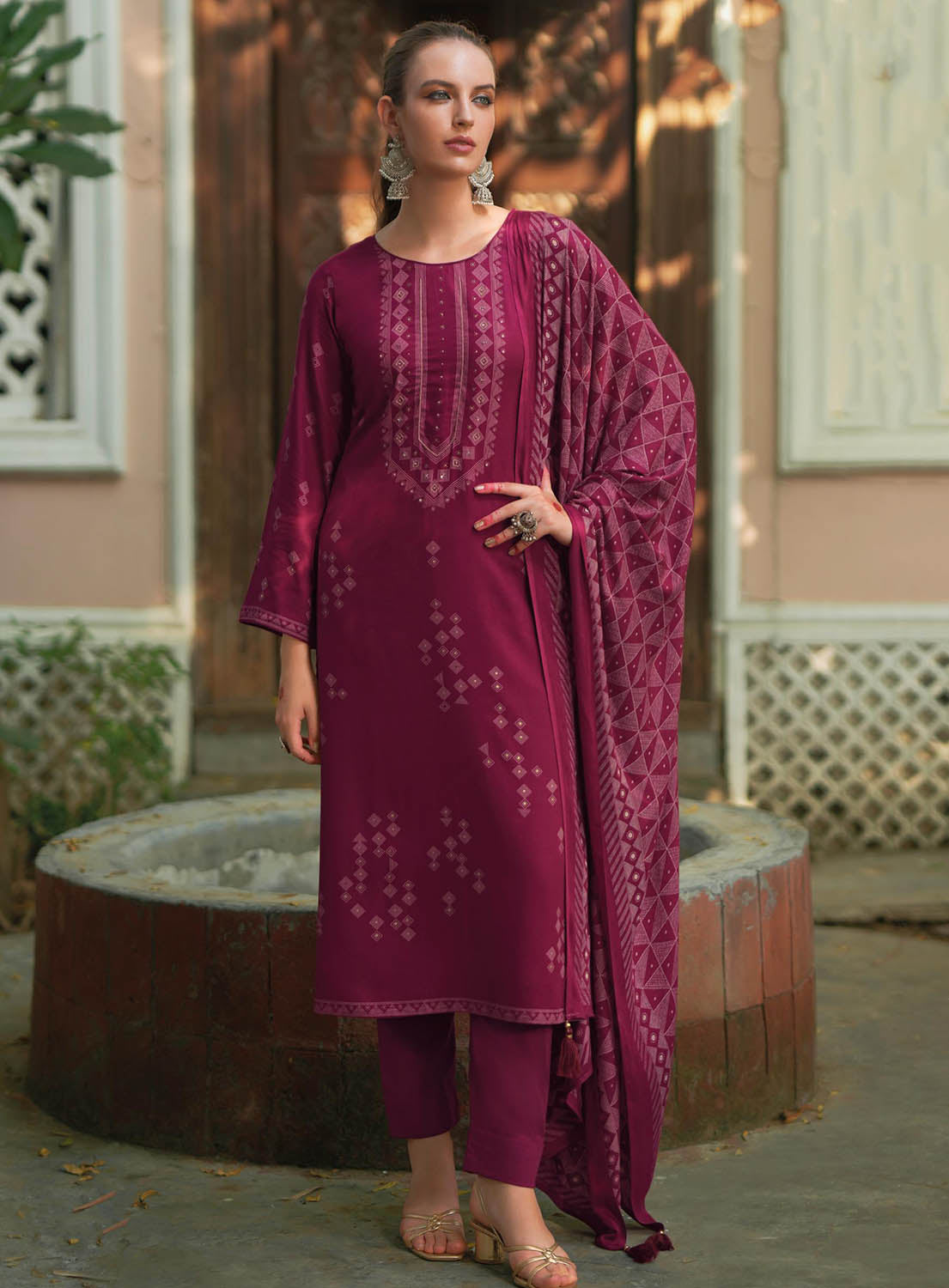 Pink Pure Pashmina Unstitched Winter Suit Dress Material for Women