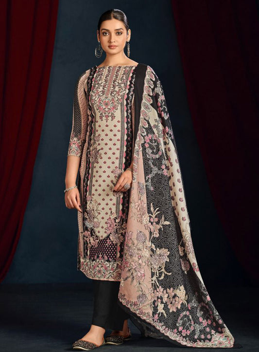 Black Unstitched Pashmina Winter Suit Dress Material with Shawl Dupatta