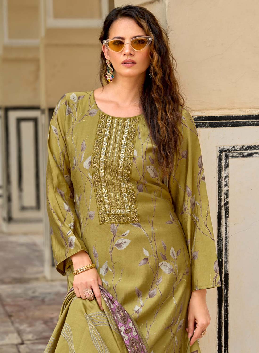 Pure Muslin Unstitched Salwar Suit Material with Fancy Hand Work