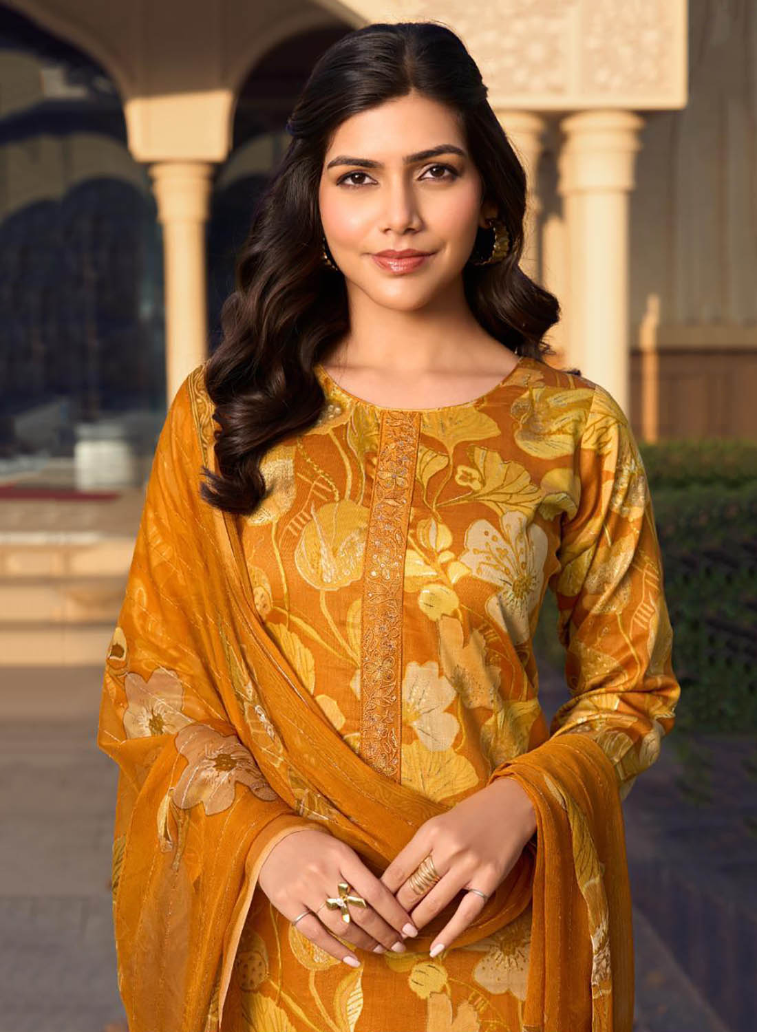 Mustard Cotton Satin Unstitched Salwar Suit Dress Material for Women