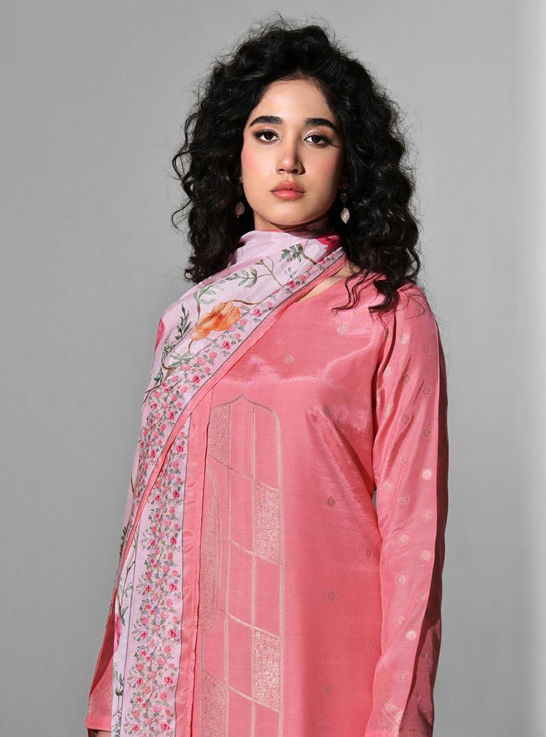 Party Wear Pink Muslin Jacquard Unstitched Salwar Suit for Women