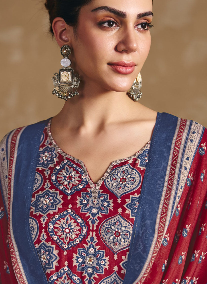 Ajrakh Print Pure Muslin Unstitched Suit Dress Material for Women