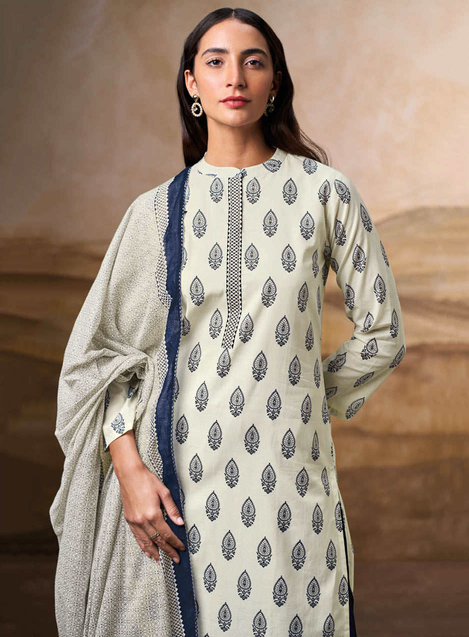 Ganga Pure Cotton Off-White Unstitched Suit Dress Material for Women