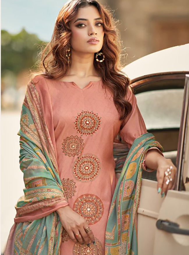 Party Wear Muslin Shimmer Pink Unstitched Suit Material with Hand Work