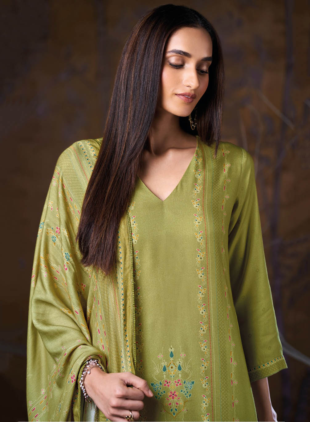 Green Wool Pashmina Winter Unstitched Suit Set with Swarovski Work