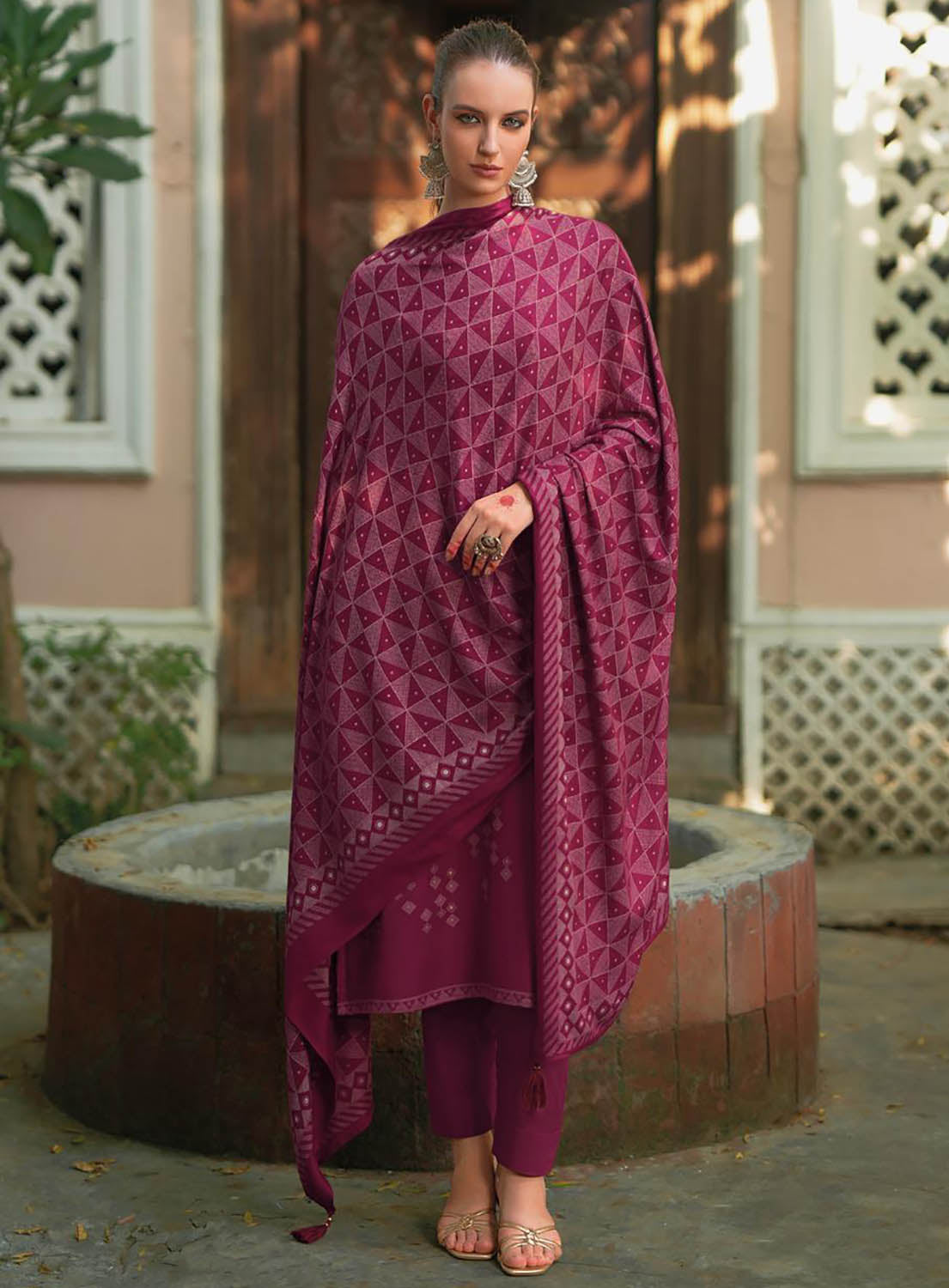 Pink Pure Pashmina Unstitched Winter Suit Dress Material for Women