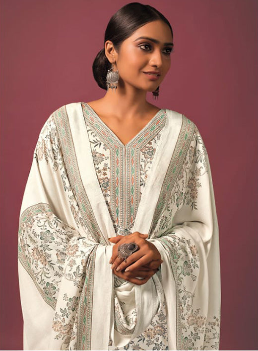 Pashmina Off-White Printed Unstitched Winter Salwar Suit Material