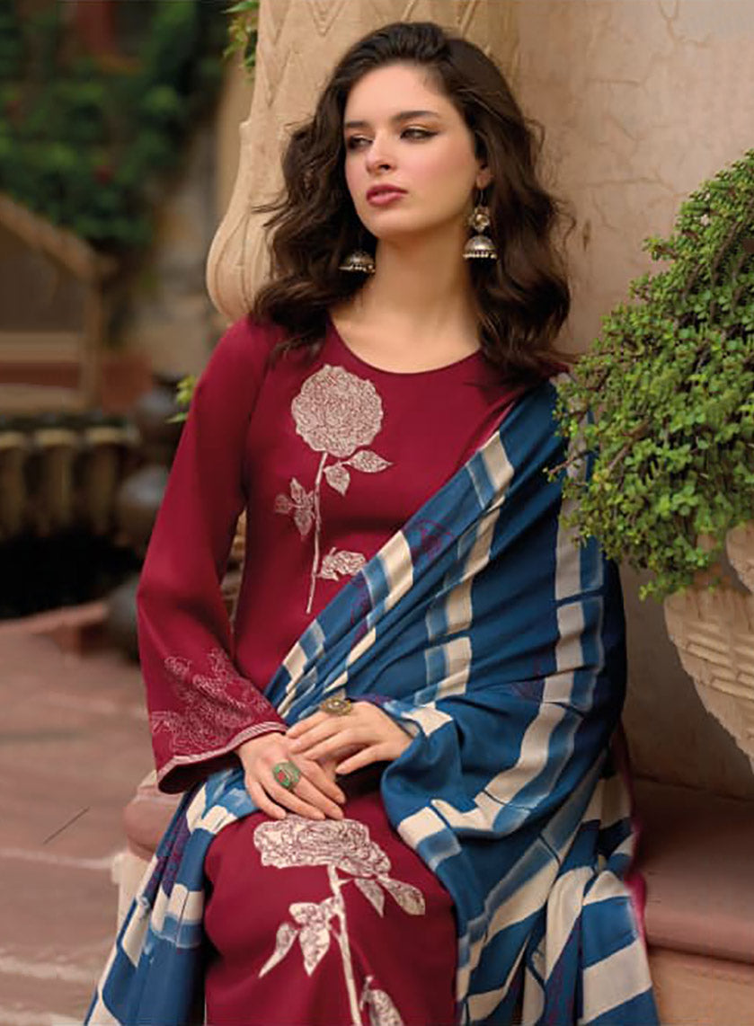 Red Pure Viscose Pashmina Unstitched Winter Salwar Suit Dress Material