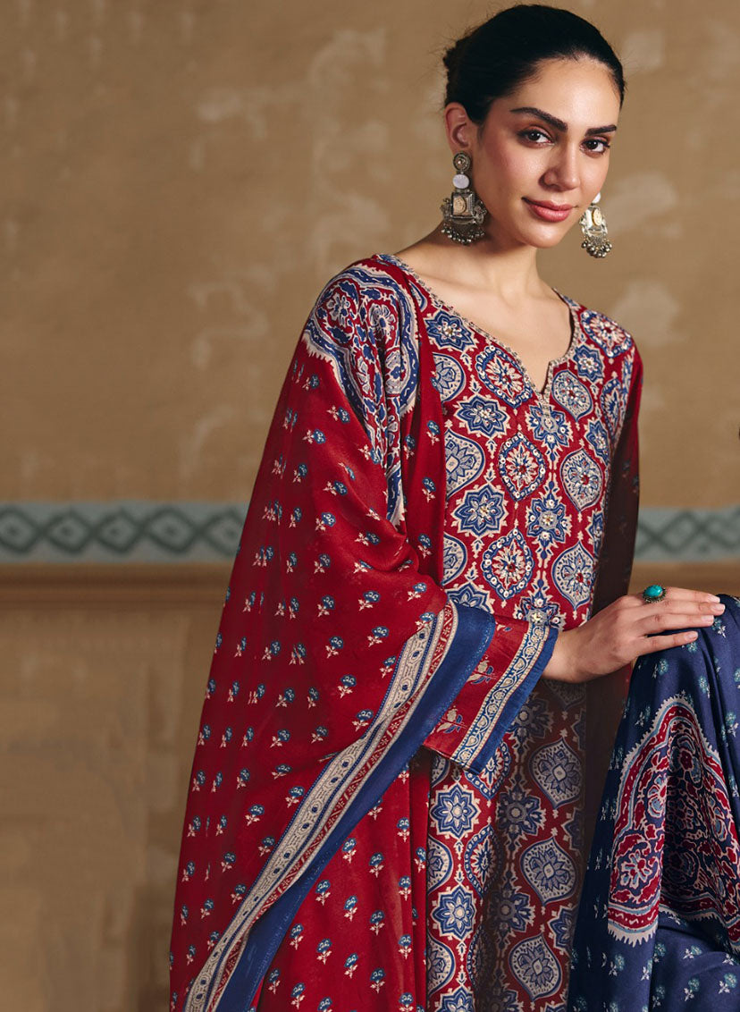 Ajrakh Print Pure Muslin Unstitched Suit Dress Material for Women