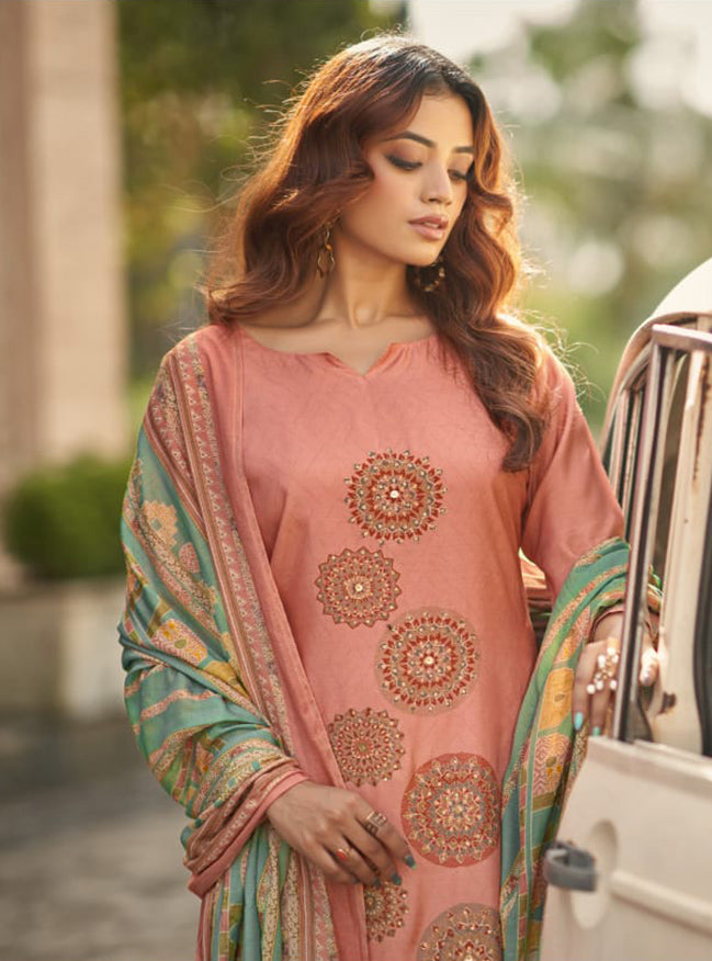 Party Wear Muslin Shimmer Pink Unstitched Suit Material with Hand Work