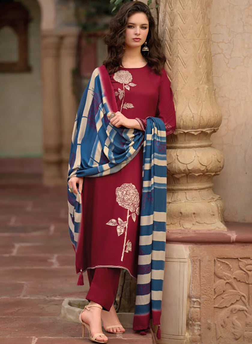 Red Pure Viscose Pashmina Unstitched Winter Salwar Suit Dress Material