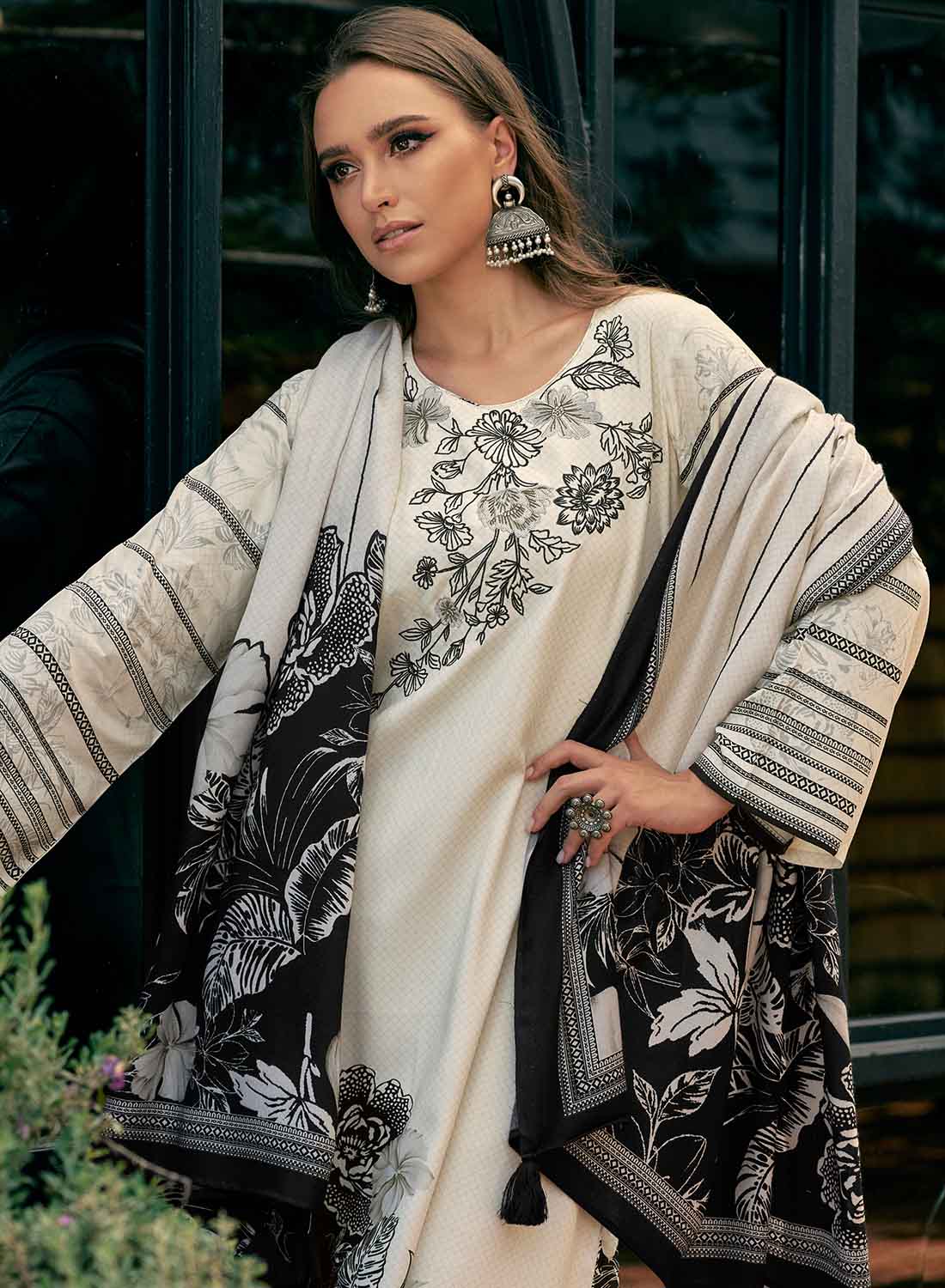 White Pashmina Unstitched Winter Suit Dress Material with Shawl Dupatta