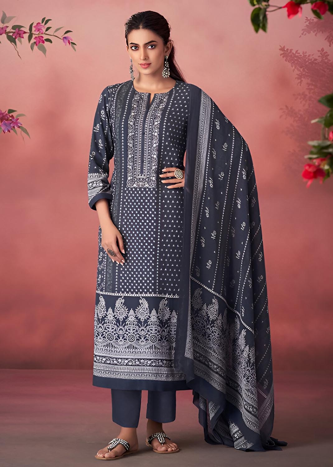 Unstitched Blue Pashmina Winter Suit Material with Muslin Silk Dupatta