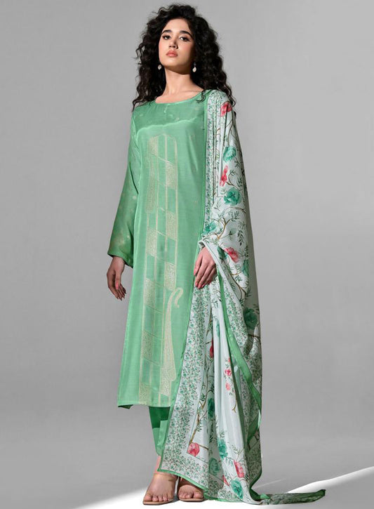Party Wear Green Muslin Jacquard Unstitched Salwar Suit for Women