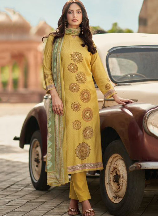Party Wear Muslin Shimmer Green Unstitched Suit Material with Hand Work