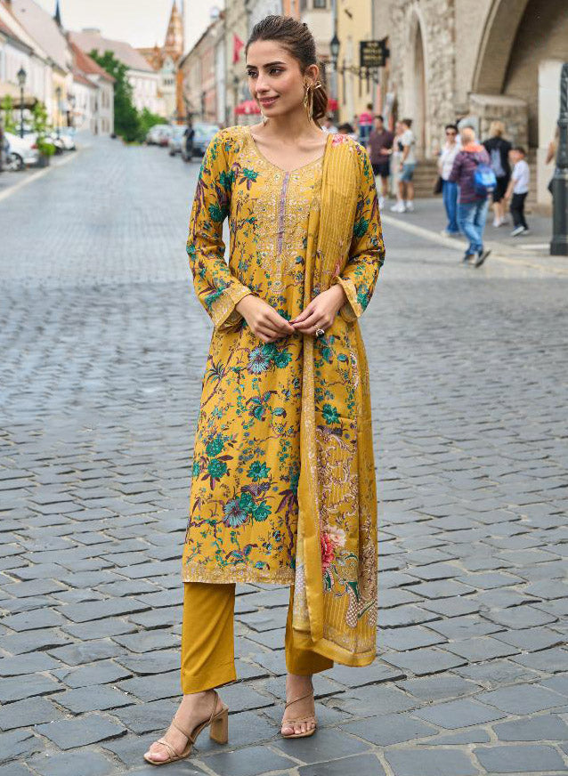 Pure Muslin Mustard Party Wear Unstitched Salwar Suit Material for Women
