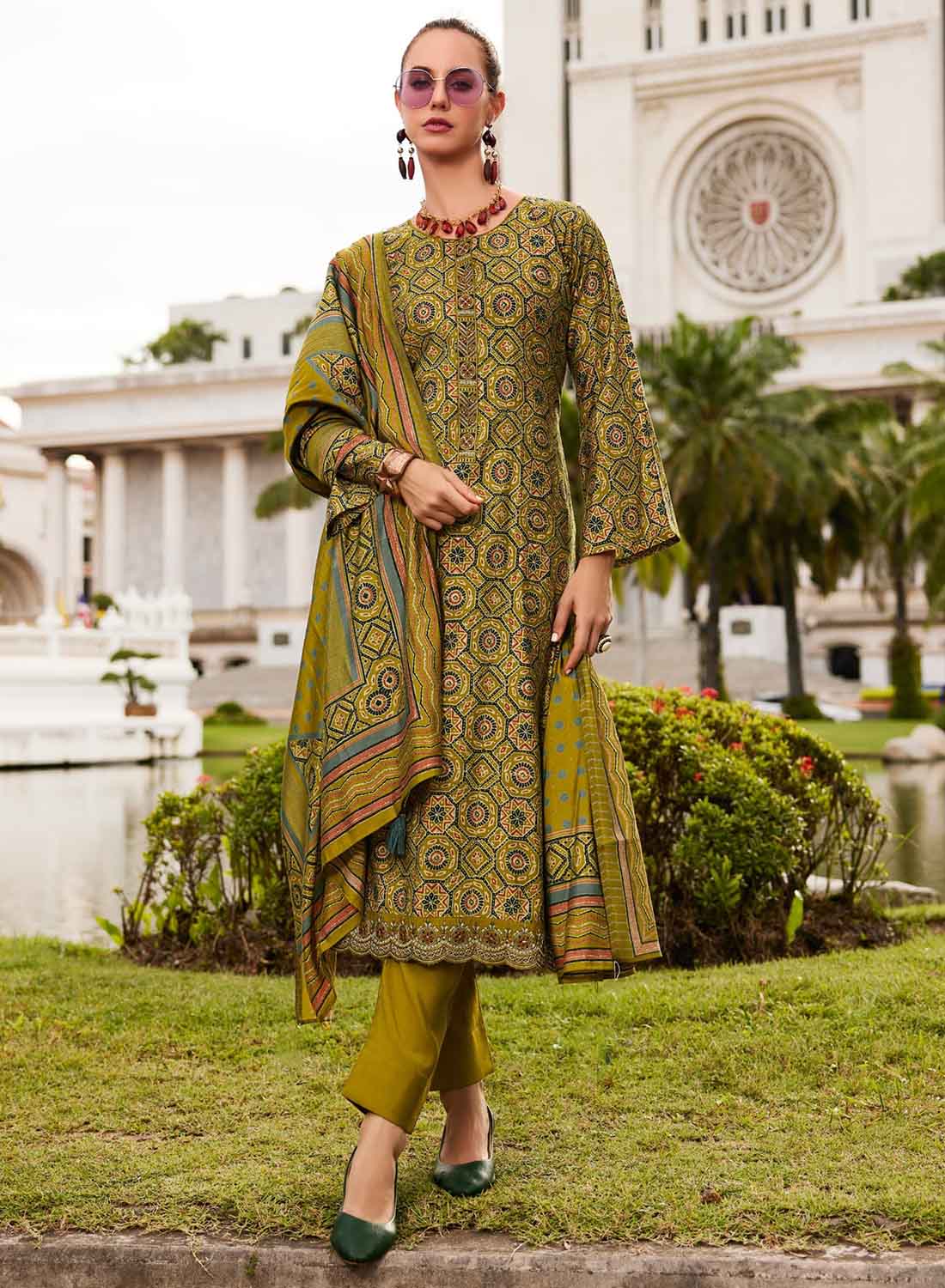 Green Pure Viscose Muslin Unstitched Suit Material with Embroidery