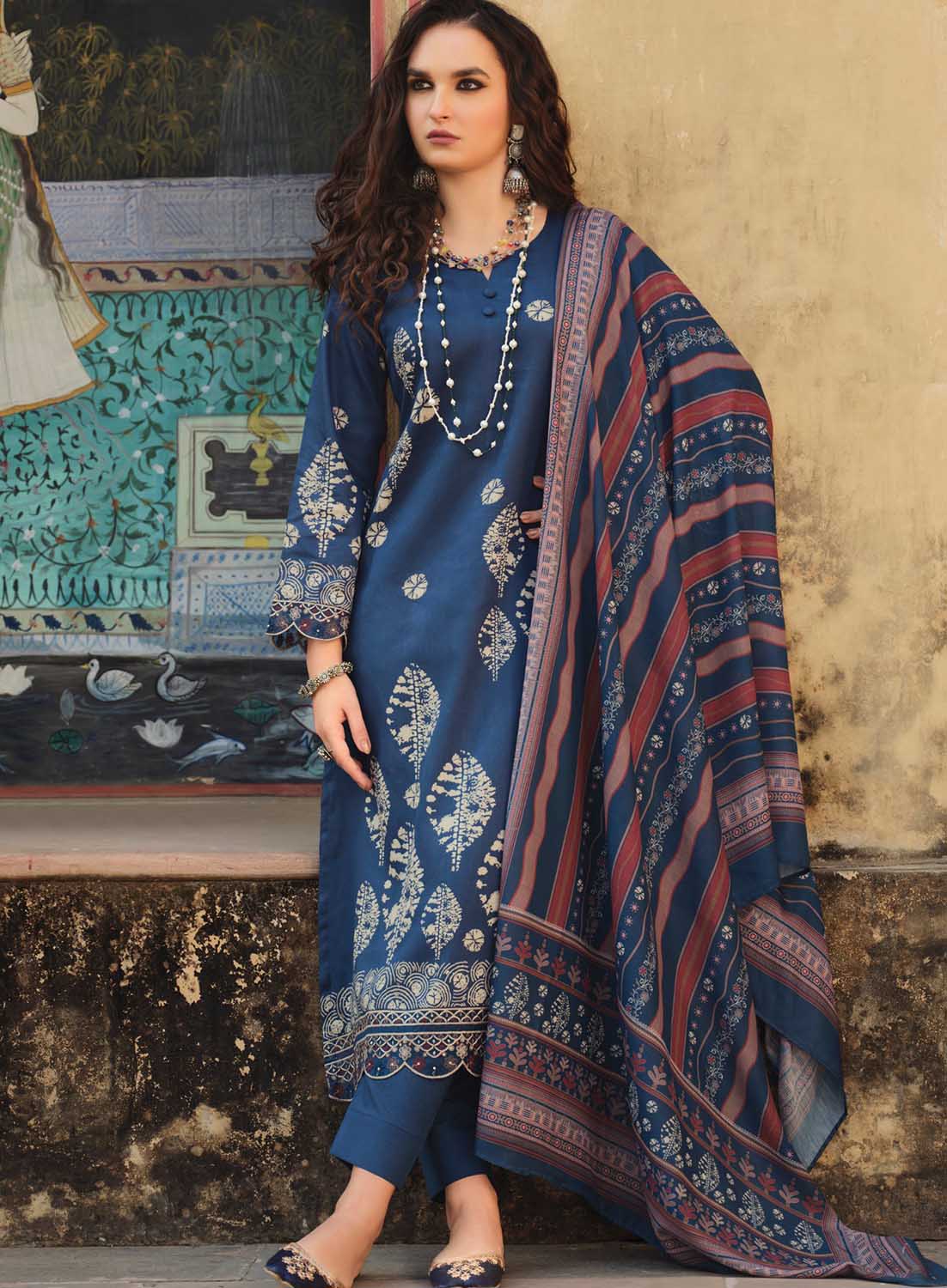 Pure Cotton Blue Unstitched Suit Dress Material for Women with Muslin Dupatta