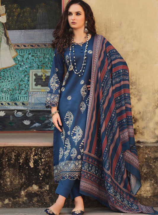 Pure Cotton Blue Unstitched Suit Dress Material for Women with Muslin Dupatta