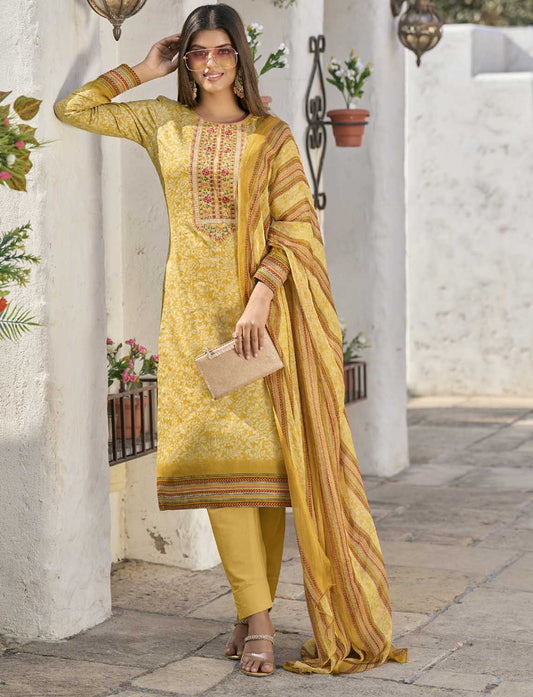 Aqsa Unstitched Cotton Suit Fabric Material with Dupatta Yellow AQSA