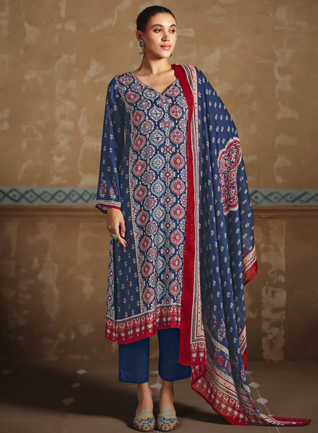 Ajrakh Print Pure Muslin Blue Unstitched Suit Dress Material for Women