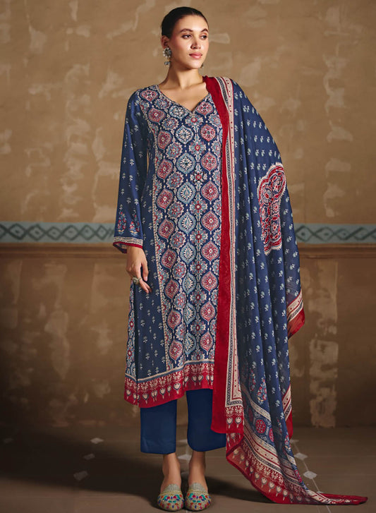 Ajrakh Print Pure Muslin Blue Unstitched Suit Dress Material for Women