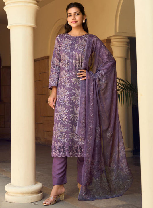 Purple Cotton Satin Unstitched Salwar Suit Dress Material for Women