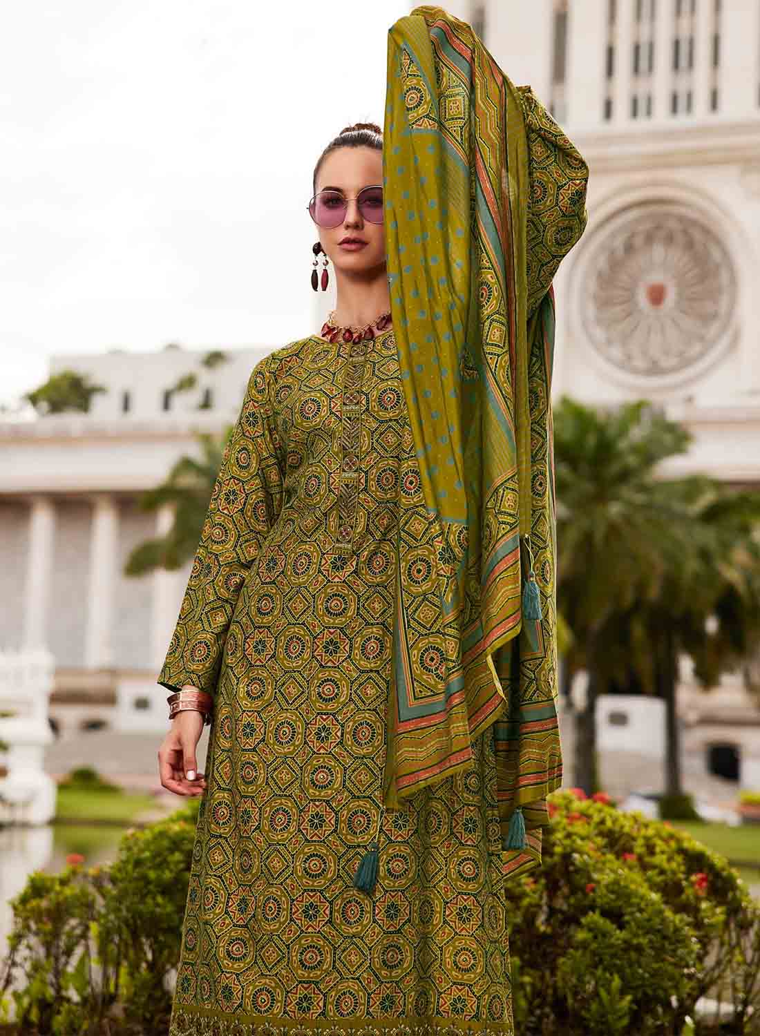 Green Pure Viscose Muslin Unstitched Suit Material with Embroidery