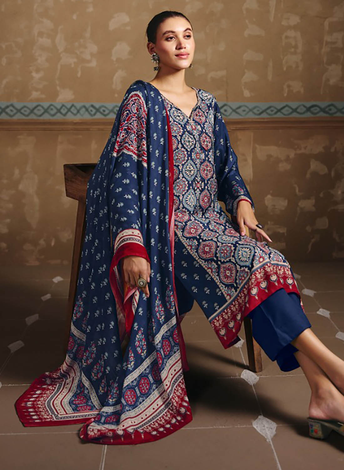 Ajrakh Print Pure Muslin Blue Unstitched Suit Dress Material for Women