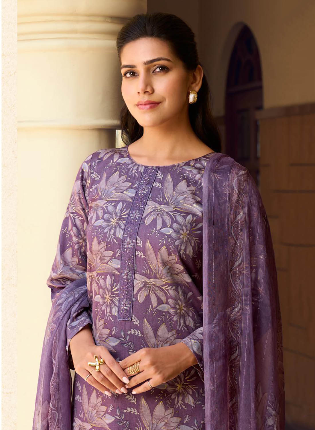Purple Cotton Satin Unstitched Salwar Suit Dress Material for Women