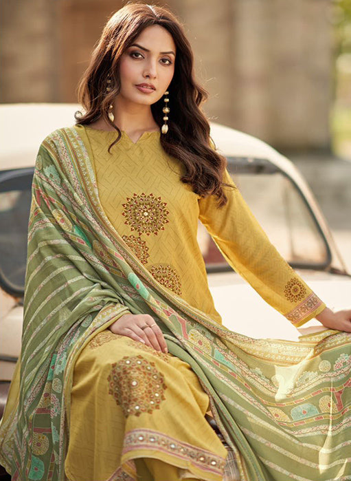 Party Wear Muslin Shimmer Green Unstitched Suit Material with Hand Work