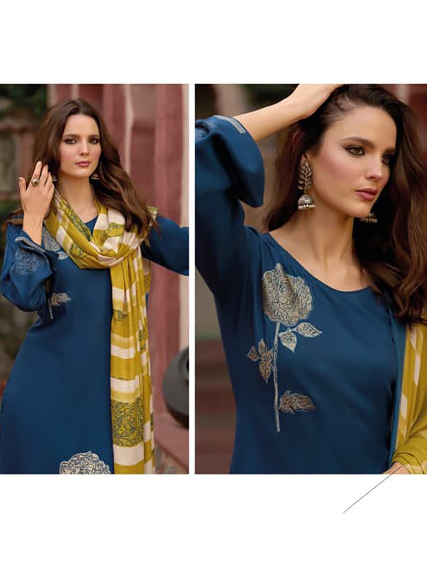 Blue Pure Viscose Pashmina Unstitched Winter Salwar Suit Dress Material