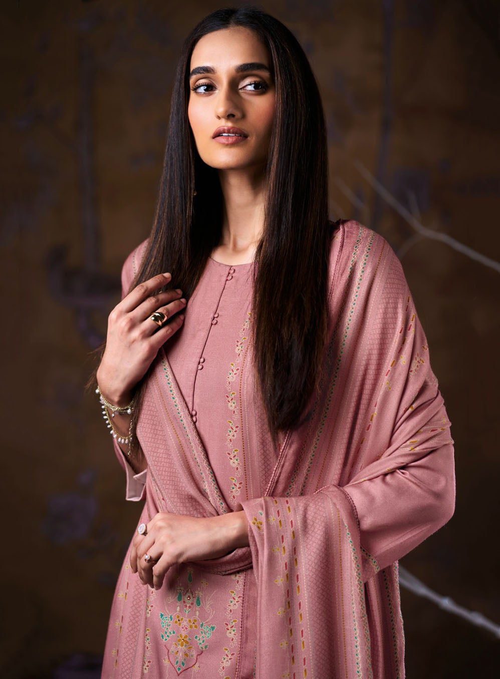 Ganga Wool Pashmina Winter Unstitched Suit Material with Swarovski work