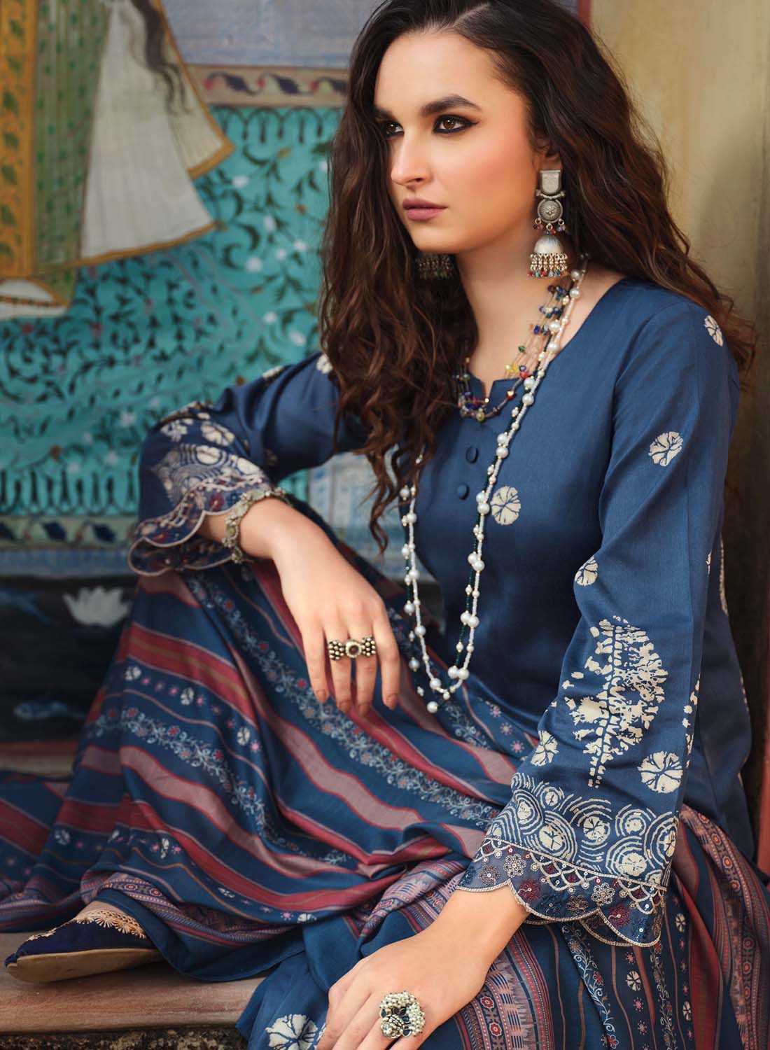 Pure Cotton Blue Unstitched Suit Dress Material for Women with Muslin Dupatta