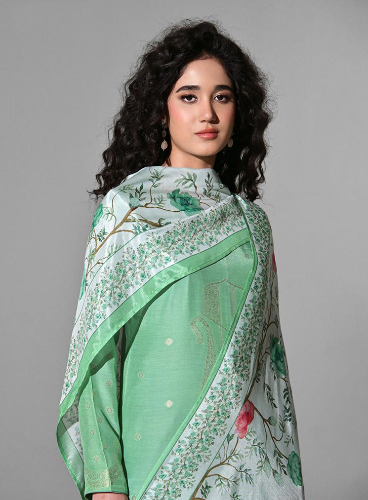 Party Wear Green Muslin Jacquard Unstitched Salwar Suit for Women