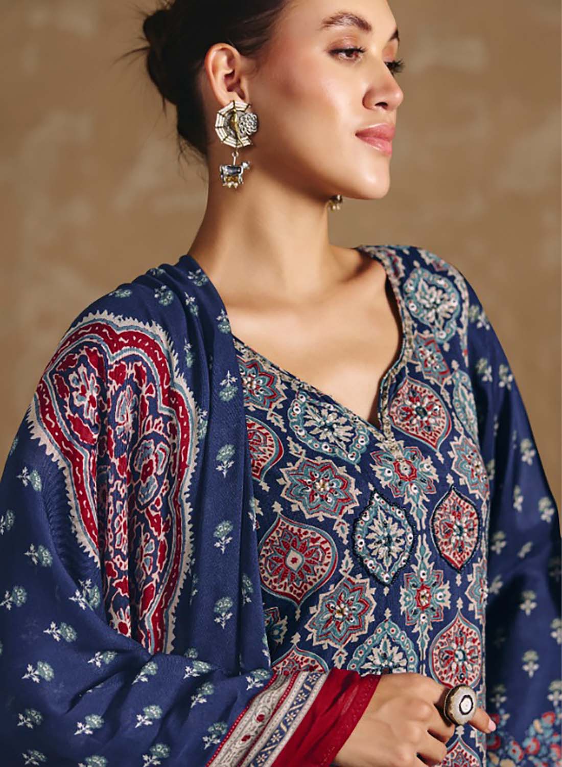 Ajrakh Print Pure Muslin Blue Unstitched Suit Dress Material for Women