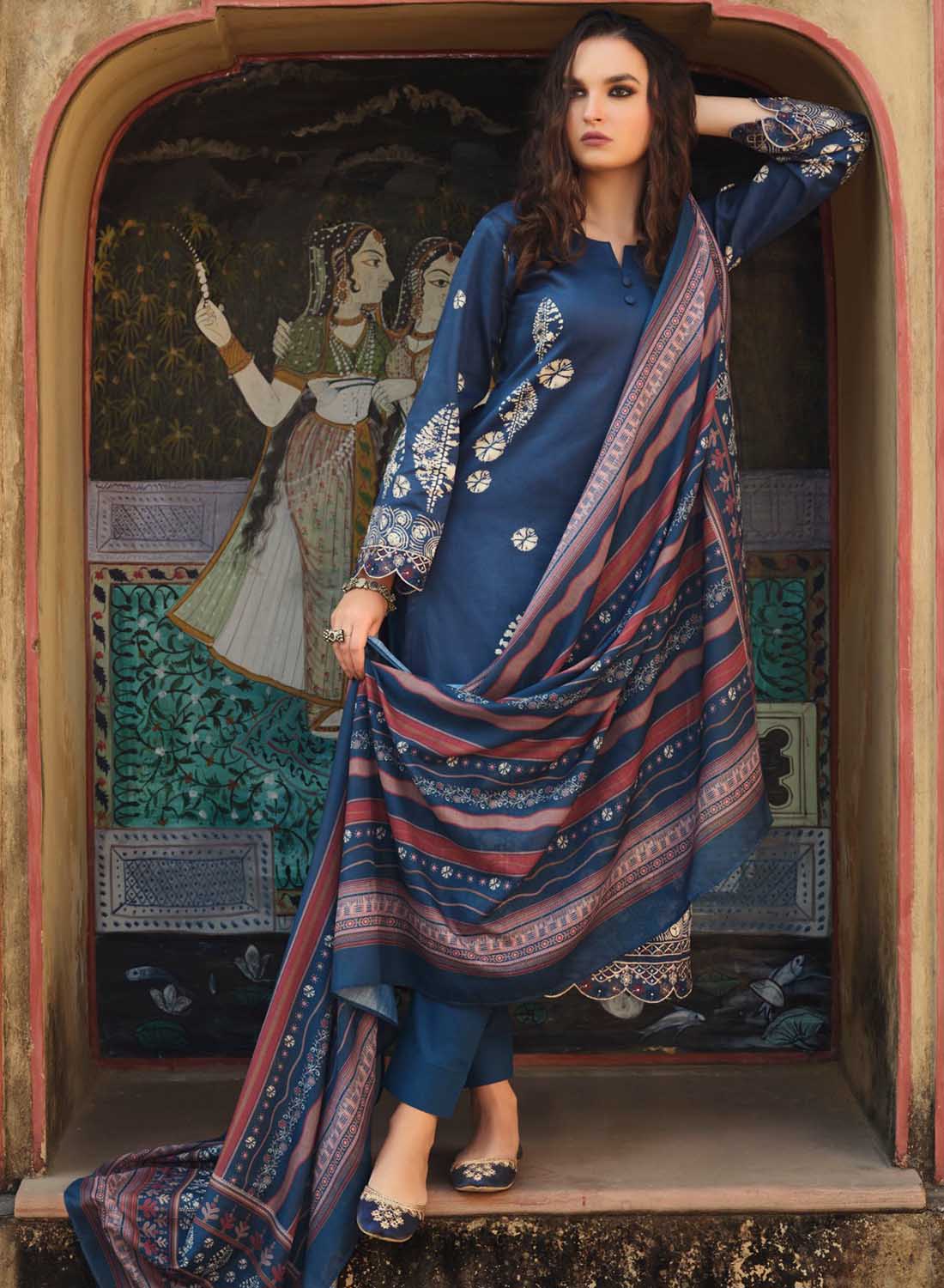 Pure Cotton Blue Unstitched Suit Dress Material for Women with Muslin Dupatta