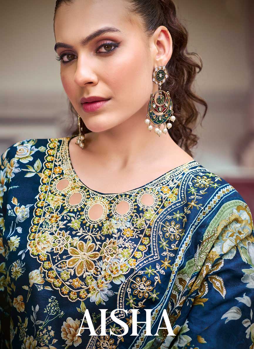 Pakistani Print Pure Cotton Blue Unstitched Suit Material with Embroidery