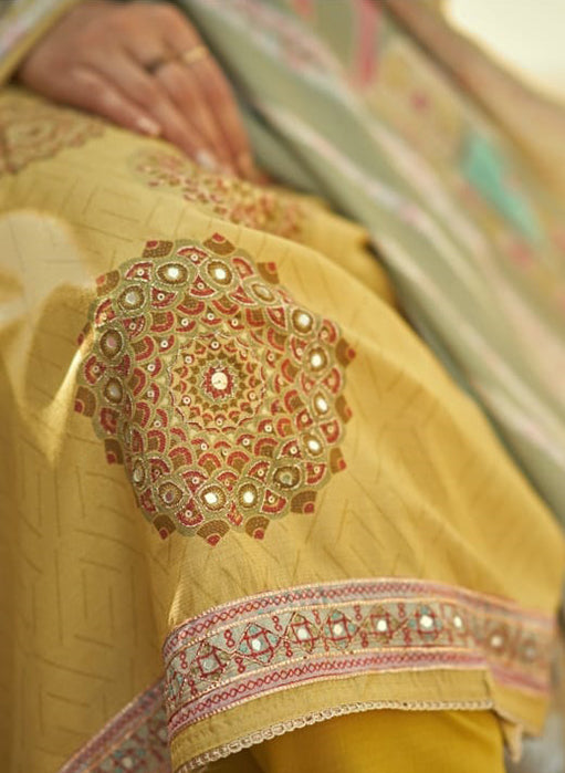 Party Wear Muslin Shimmer Green Unstitched Suit Material with Hand Work
