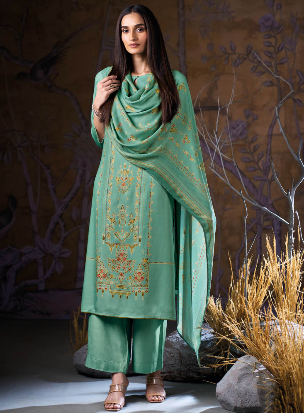 Ganga Wool Pashmina Winter Unstitched Suit Set with Swarovski Work