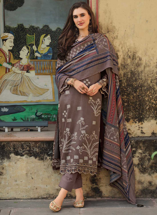 Pure Cotton Brown Unstitched Suit Dress Material for Women with Muslin Dupatta