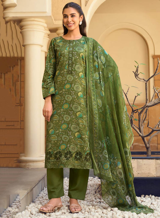 Green Cotton Satin Unstitched Salwar Suit Dress Material for Women