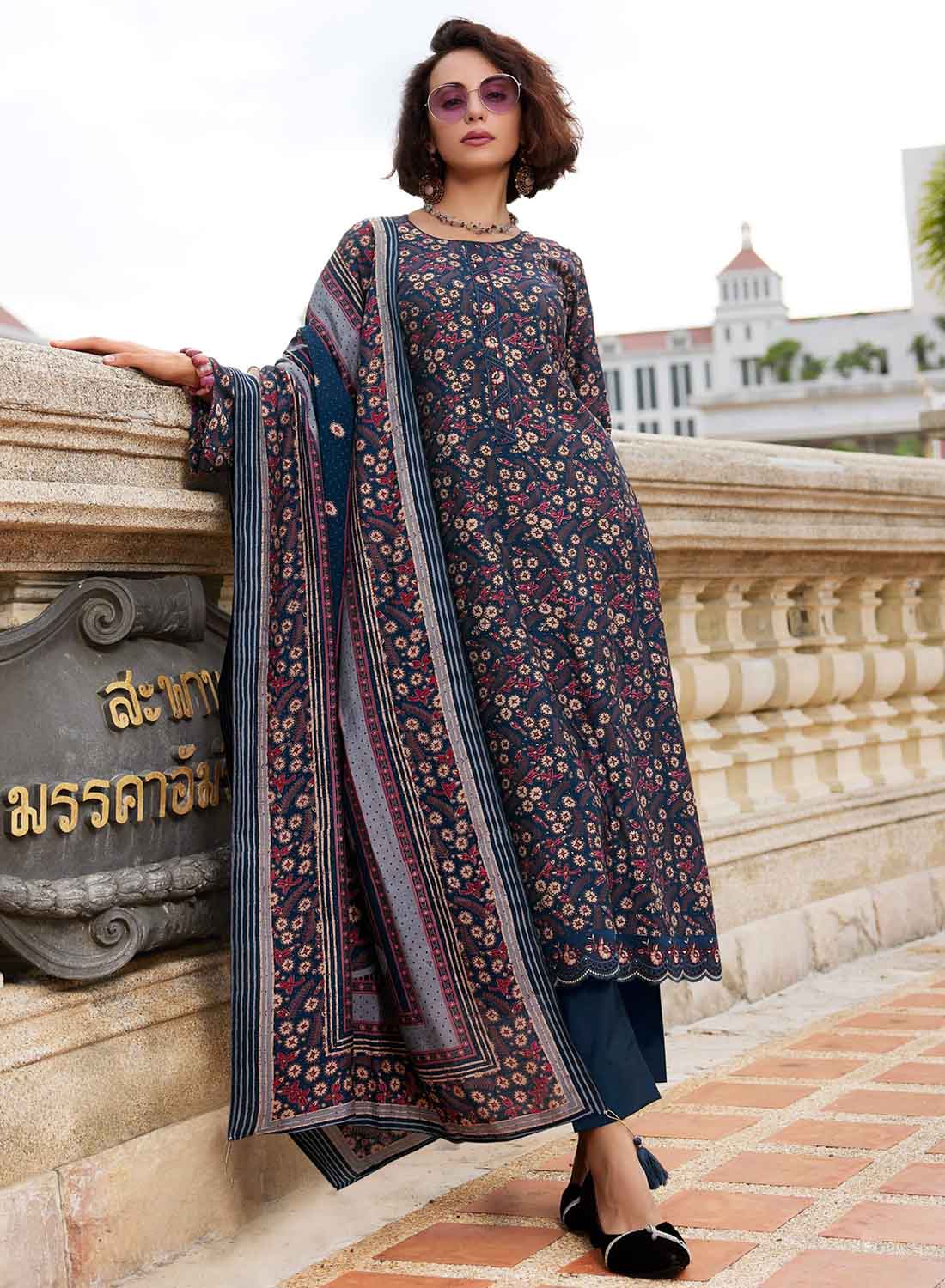 Blue Pure Viscose Muslin Unstitched Suit Material with Embroidery