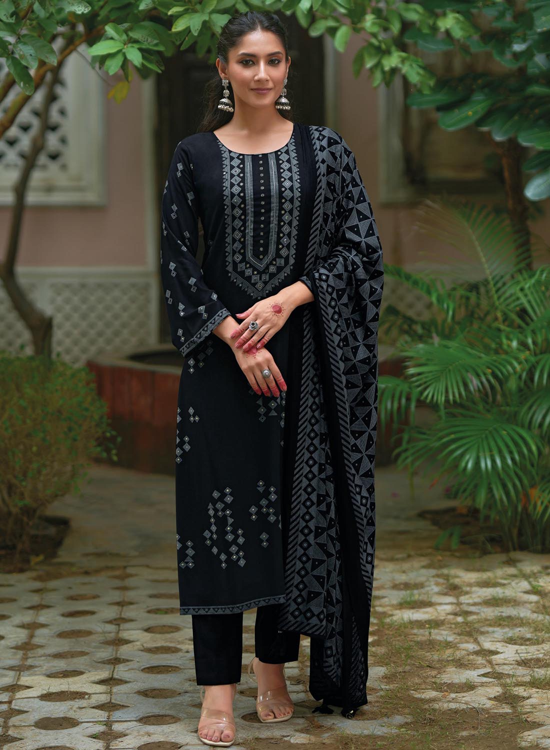 Black Pure Pashmina Unstitched Winter Suit Dress Material for Women