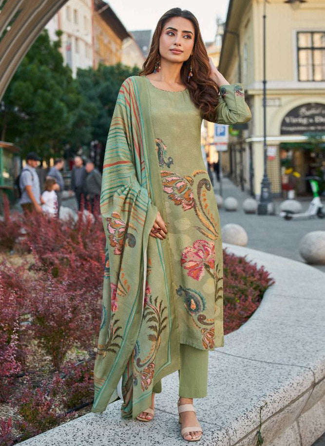 Pure Muslin Party Wear Green Unstitched Salwar Suit Dress Material