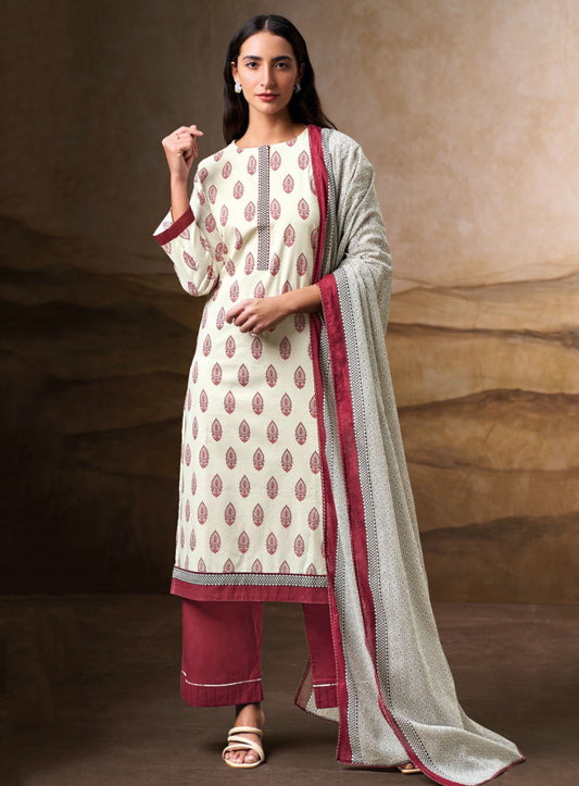 Ganga Pure Cotton Off-White Unstitched Suit Set Dress Material for Women